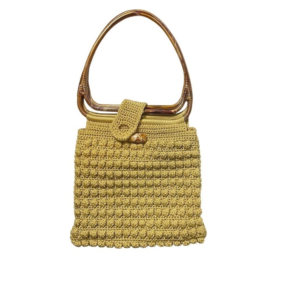 Vintage Crochet‎ Top Handle Handbag Beige Tan Lucite Handle